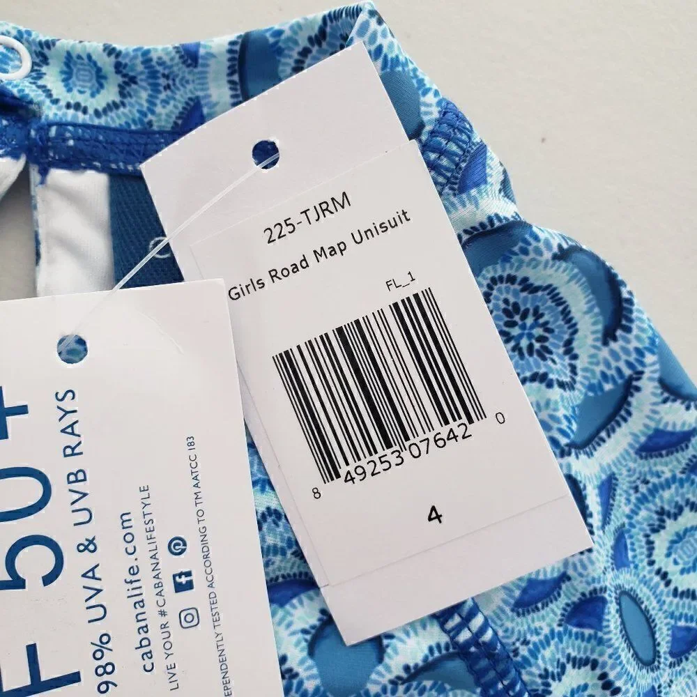 Cabana Life Little Girls Road Map Swim Unisuit 4 / 4T Exclusive Blue Long Sleeve